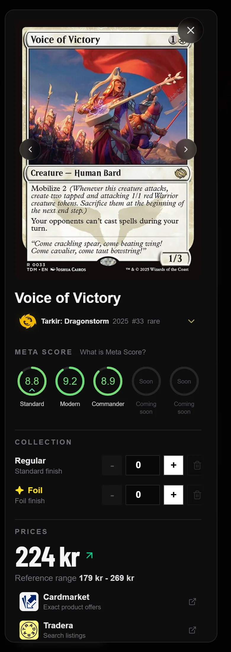 Playset's Voice of Victory card detail, Tarkir: Dragonstorm 2025 #33 rare, Regular finish, showing Meta scores, regular and foil controls, and reference price.