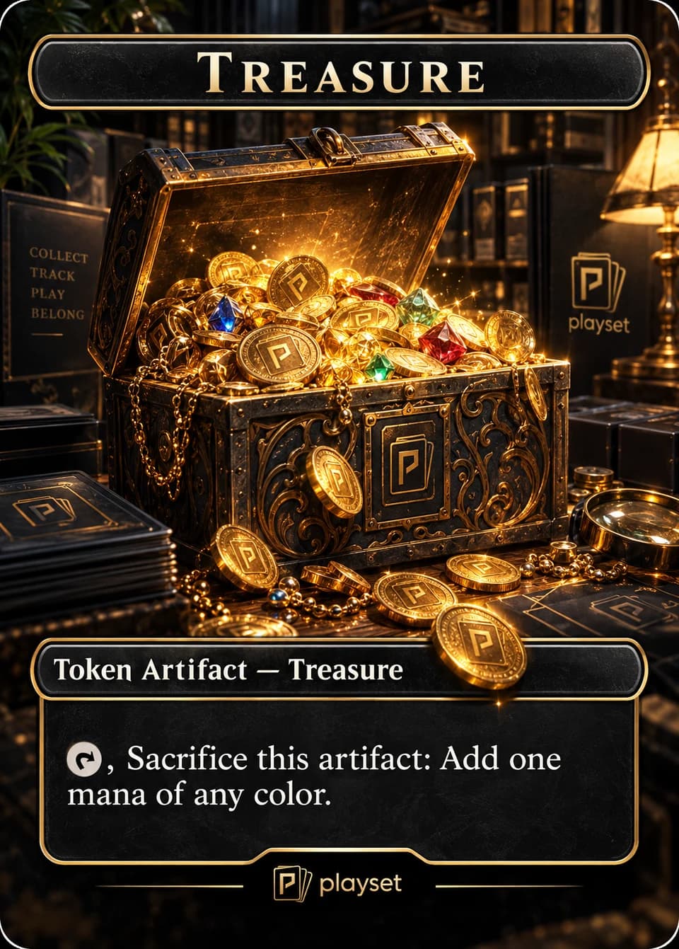 The Playset Treasure token: an open chest of golden Playset coins and colourful gems in a collector's workshop.