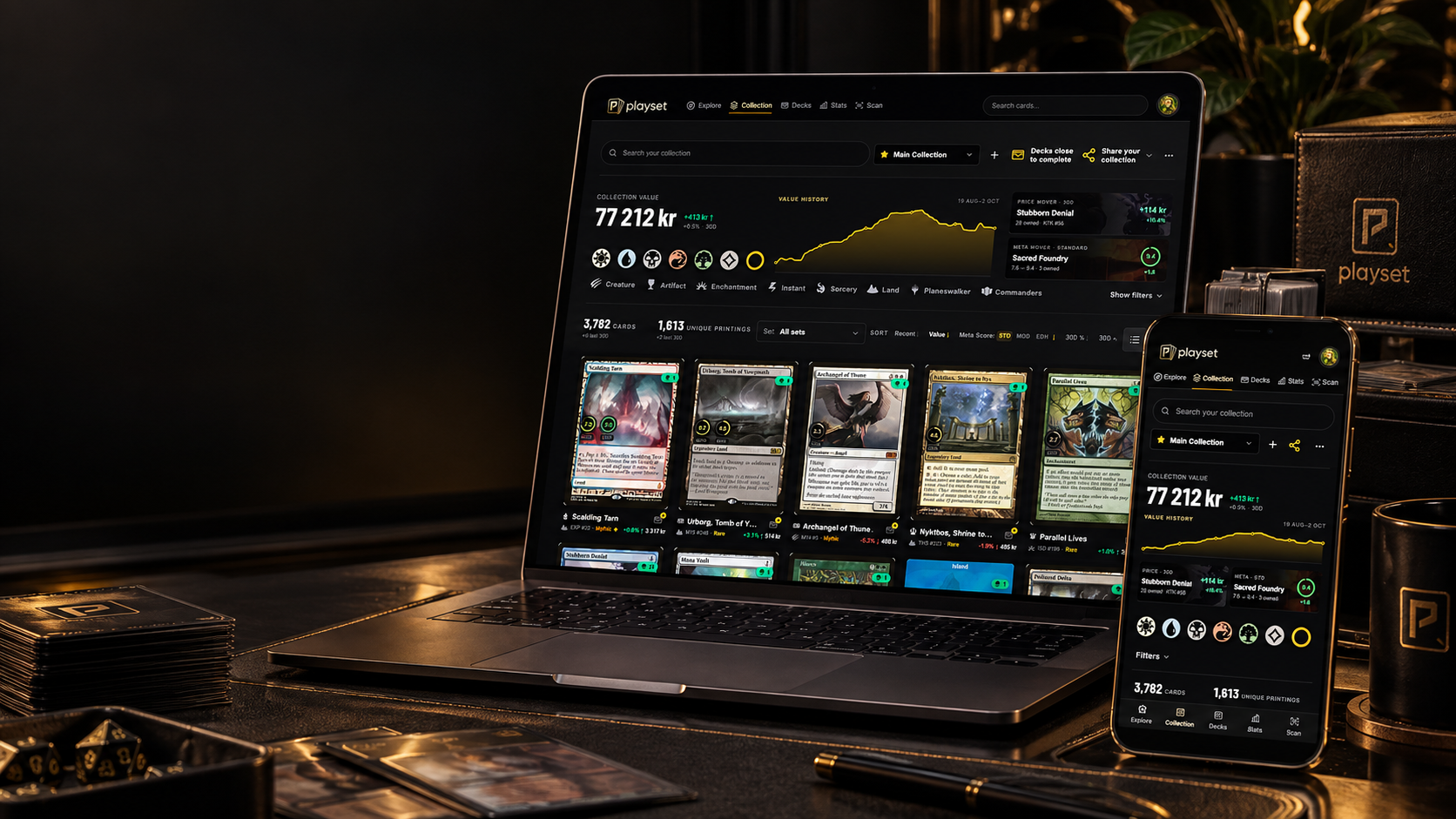 Playset collection tracking on a laptop and phone